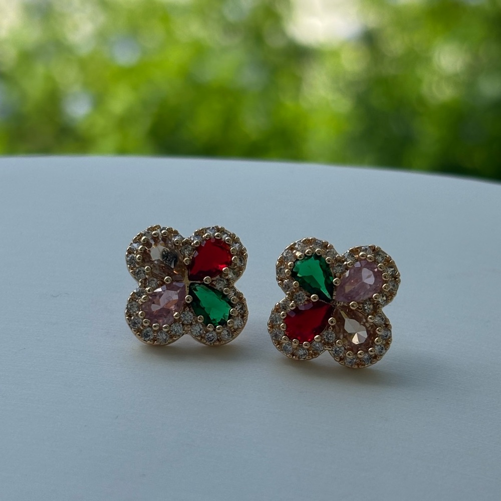 Elegant Gold and Multicolor Floral Earrings - Picture 2 of 2